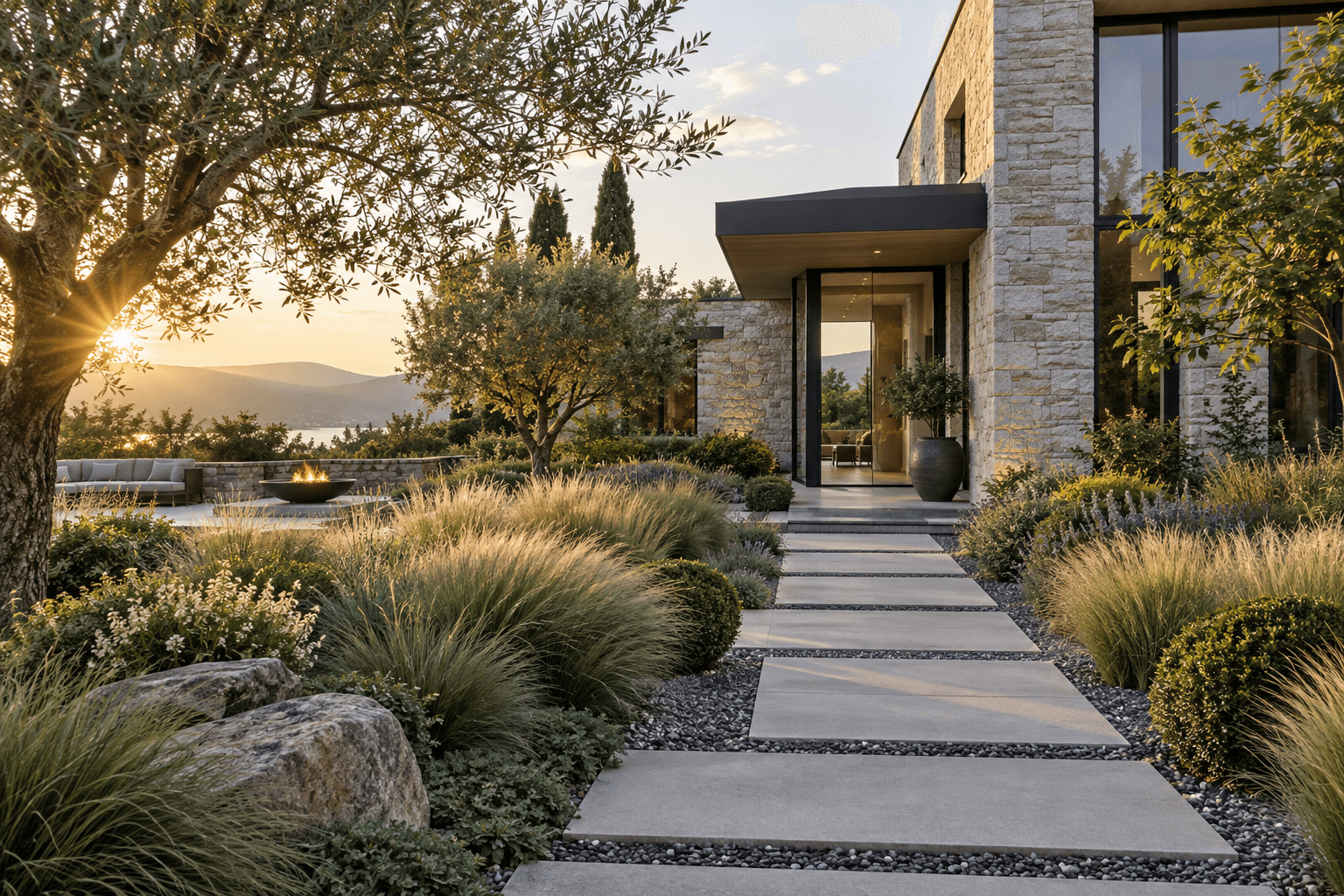 Contemporary residential landscape with a stone walkway and ornamental planting
