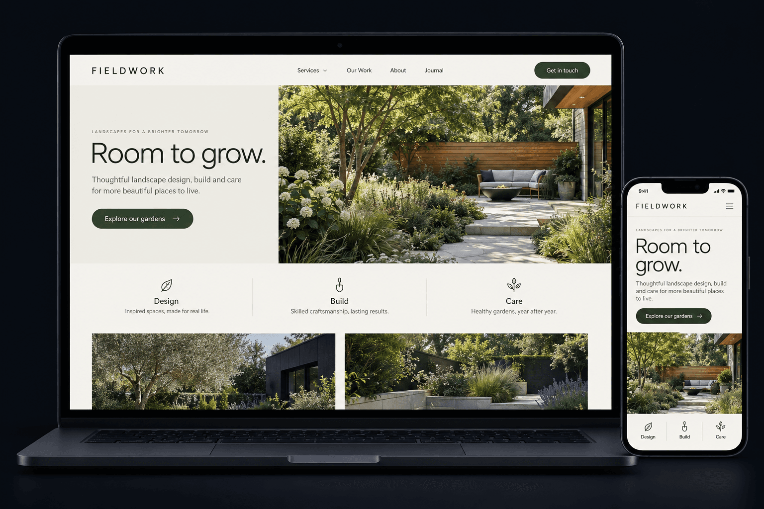 Example of a light landscaping website on a laptop and phone, with forest green details and a sunlit garden