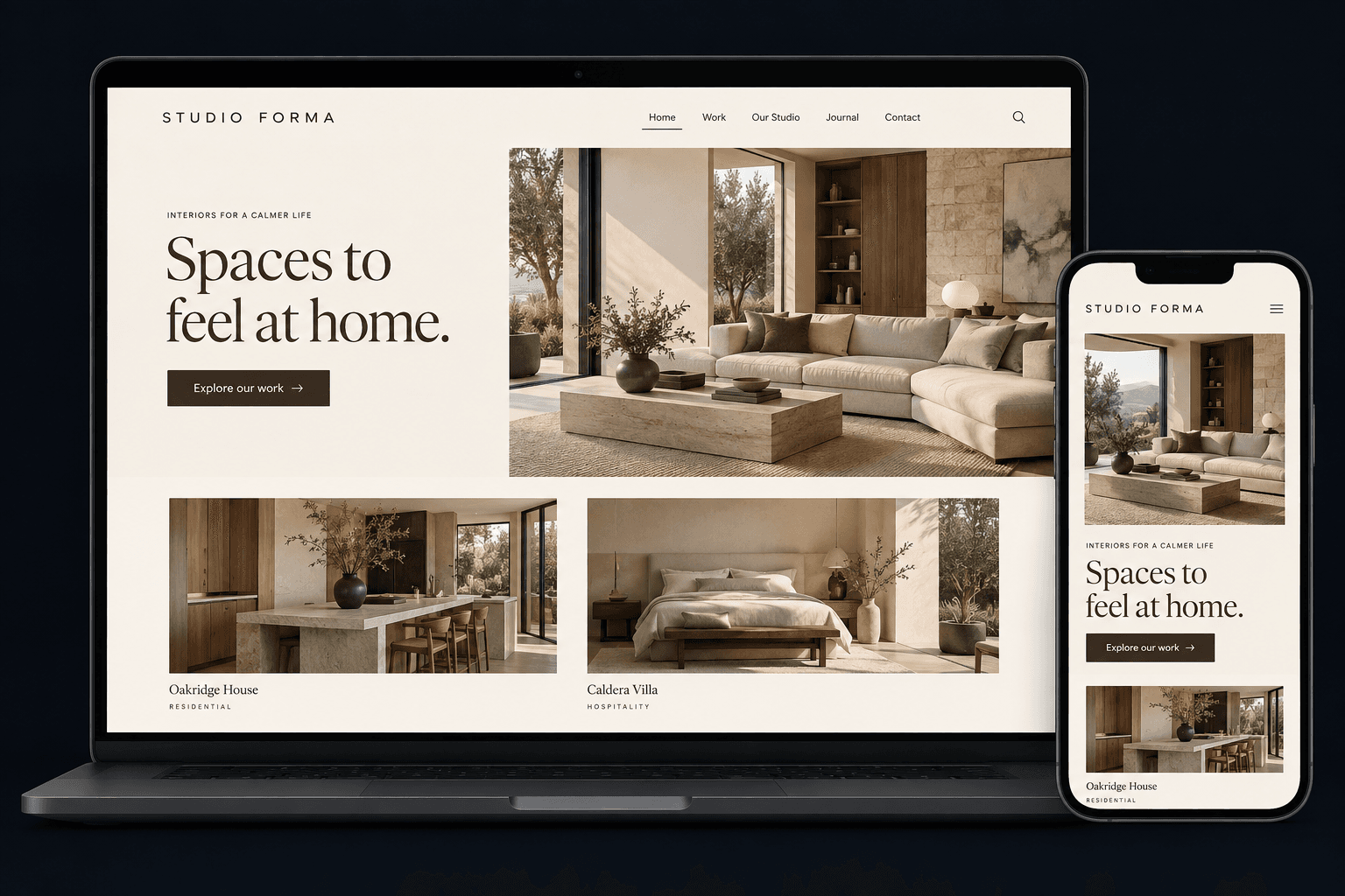 Example of a cream interior design website on a laptop and phone, with elegant typography and warm living room photography