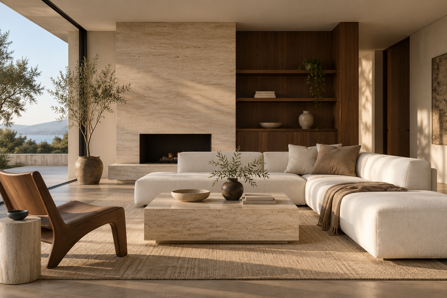 Elegant contemporary living room in natural stone and walnut